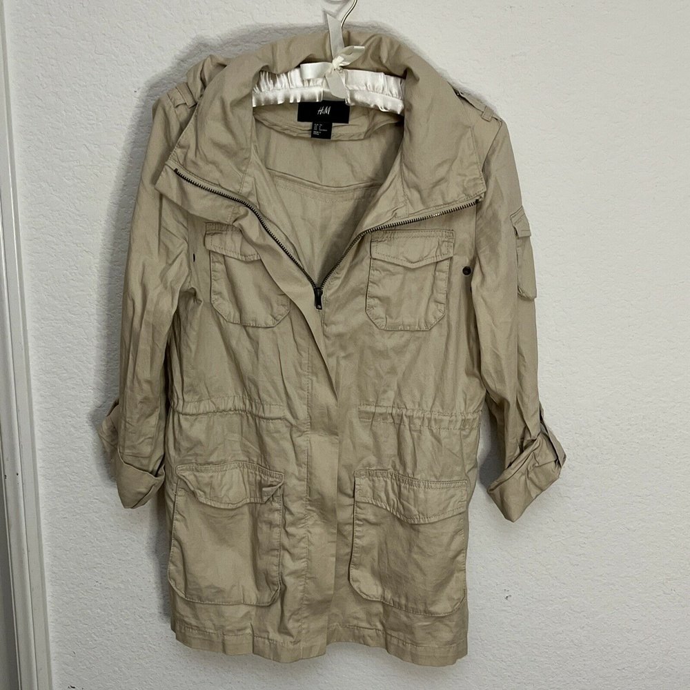 H&M Tan Jacket Anorak Utility Hooded Lightweight Beige Cargo Roll Tab Sz S 4